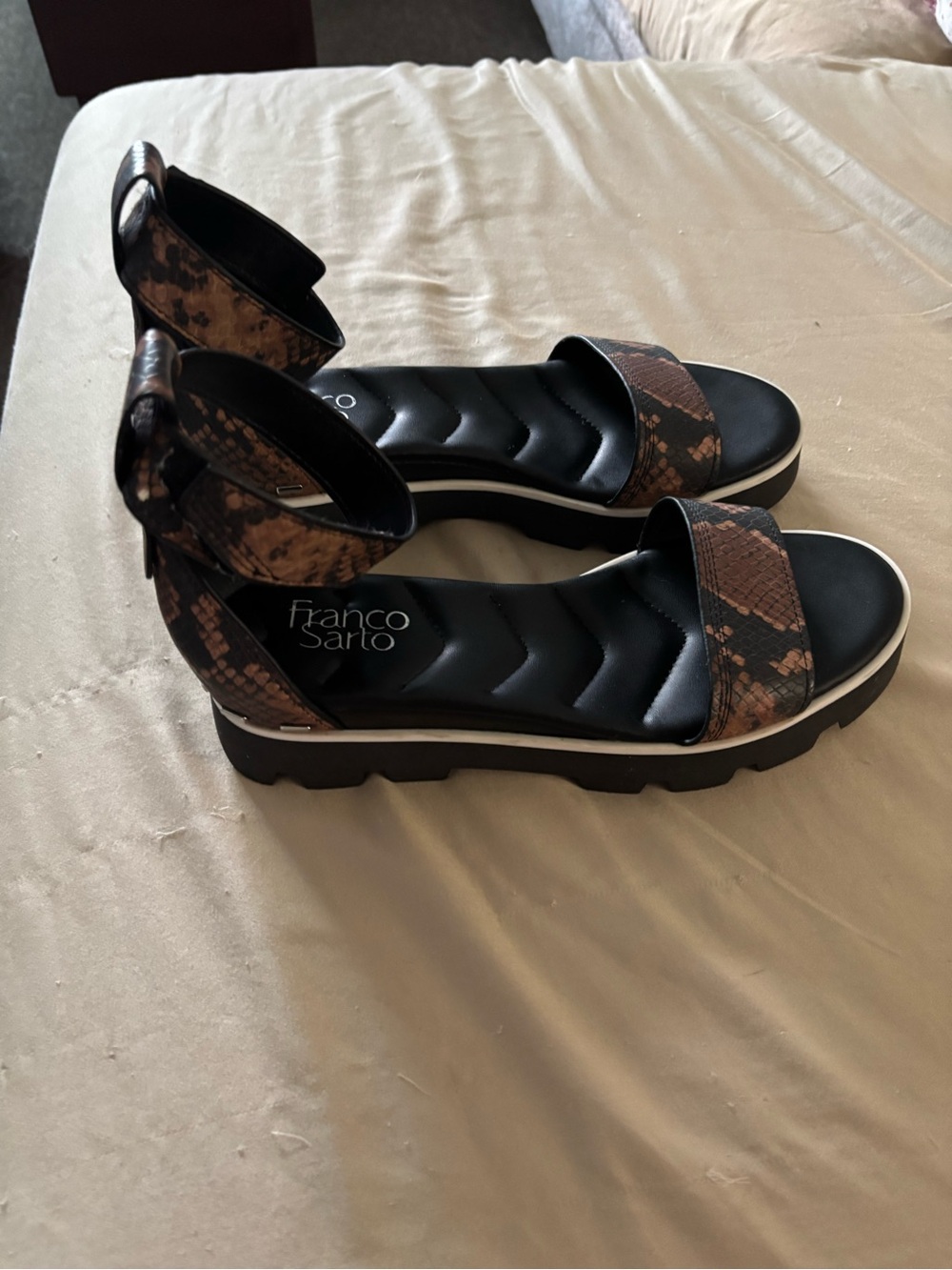 Franco Sarto Black and Brown Snake-Print Ankle Strap Sandals